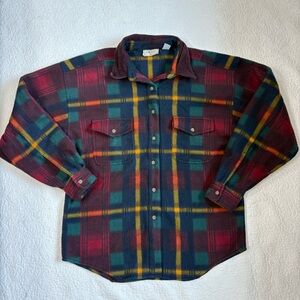 Vintage Bugle Boy Company Plaid Fleece Shirt Jacket | Corduroy Collar | Size L